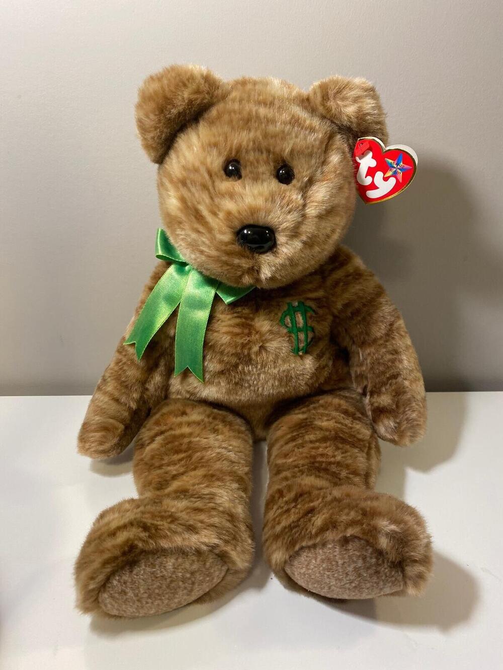 Ty Beanie Buddy “Billionaire” the Bear with Green Bow and Dollar Sign  (14 inch)